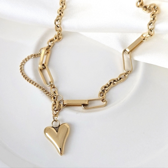 NEW 18K Gold Asymmetric Link Chain Heart Necklace - Picture 9 of 9